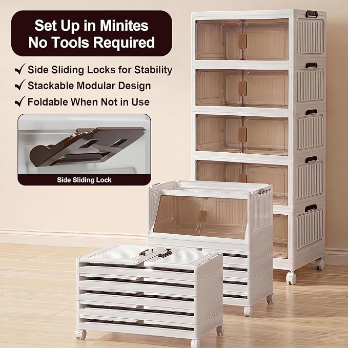 120QT Stackable Storage Bins With Lids, Collapsible Plastic Storage Bins with Wheels and Doors, Foldable Plastic Cabinets for Bedroom Dorm Garage Office Kitchen, 5 Pack