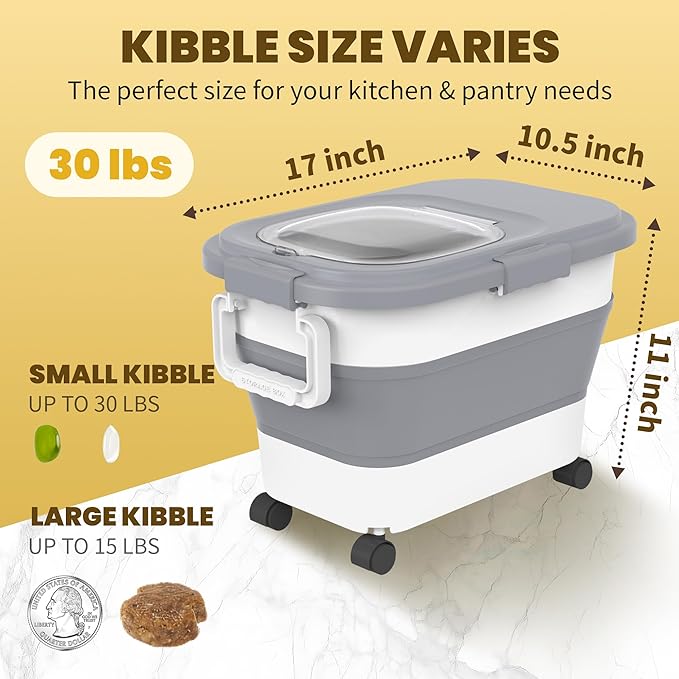 HOYTAMDA 20-30Lbs Collapsible Rice Container,Food Storage Containers Wheels | Rice Storage Container with Airtight Clear Lid,Handle,Small Bin &Scoop,Rice Dispenser for Flour Sugar Cereal Dog Cat Food