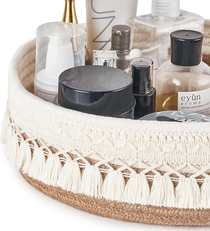 Mkono Makeup Perfume Organizer, Boho Decor Macrame Storage Basket | Dorm Bedroom Decor, Hand-Woven Small Basket, Decorative Skincare Cosmetics Holder, Vanity Dresser Bathroom Office