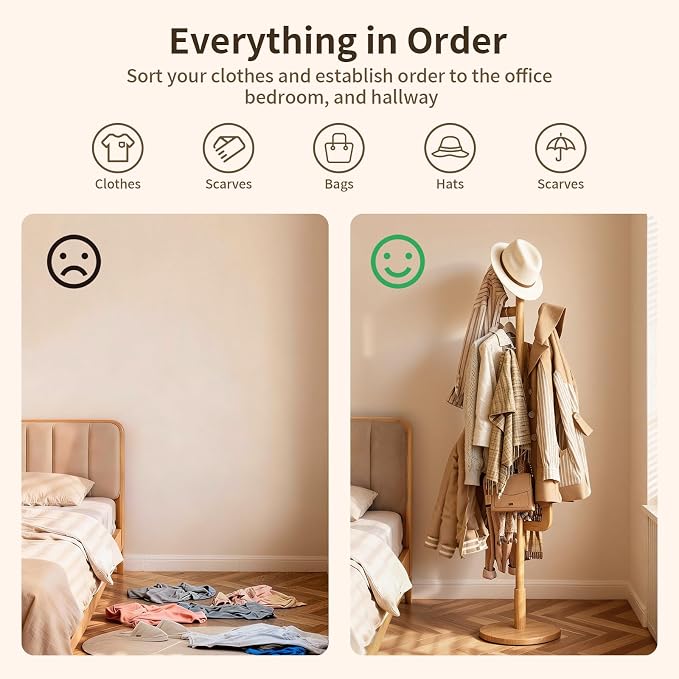 Coat Rack,Solid Wood Cactus Freestanding Coat RackWith 6 L-Shaped Hooks and 3 Adjustable Sizes,Coat Tree for Bedroom, Entryway, Livingroom, Coat Hanger Stand for Coats, Handbags (Natural)