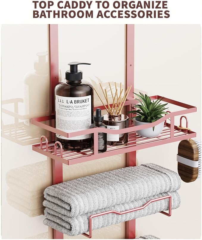 Aetyord Hanging Towel Racks for Bathroom Storage | 6-Tier Over The Door Bath Towel Storage Organizer with Metal Shelf Basket for Small Bathrooms RV Camper Rose Gold