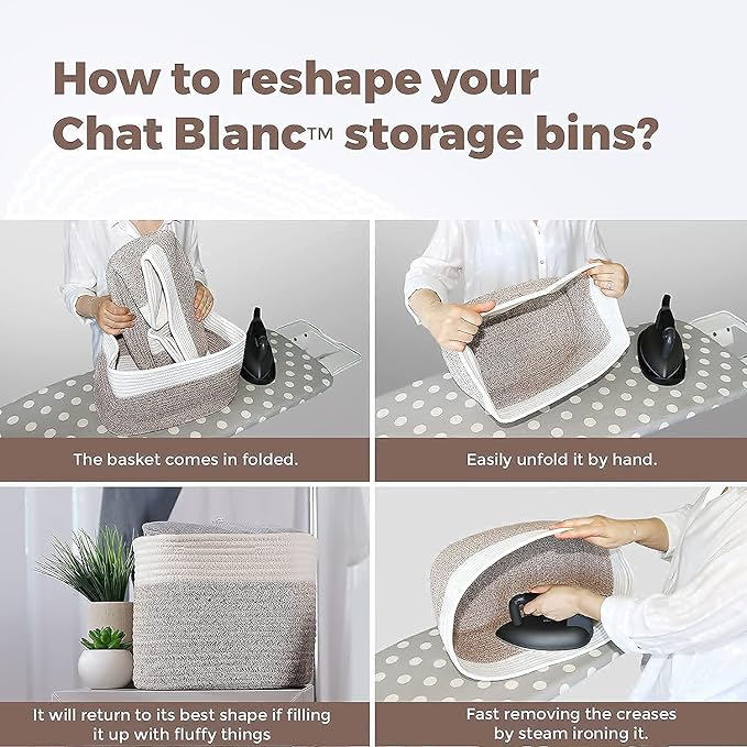 CHAT BLANC Cotton Rope Baskets for Organizing, Shelves, Toys, Storage, Shoe, Bathroom, Laundry, Towel, Nursery, Home Decor, Blanket, Cloth Woven Bins Fabric (Creamy White & Graphite, 15"x10"x9")