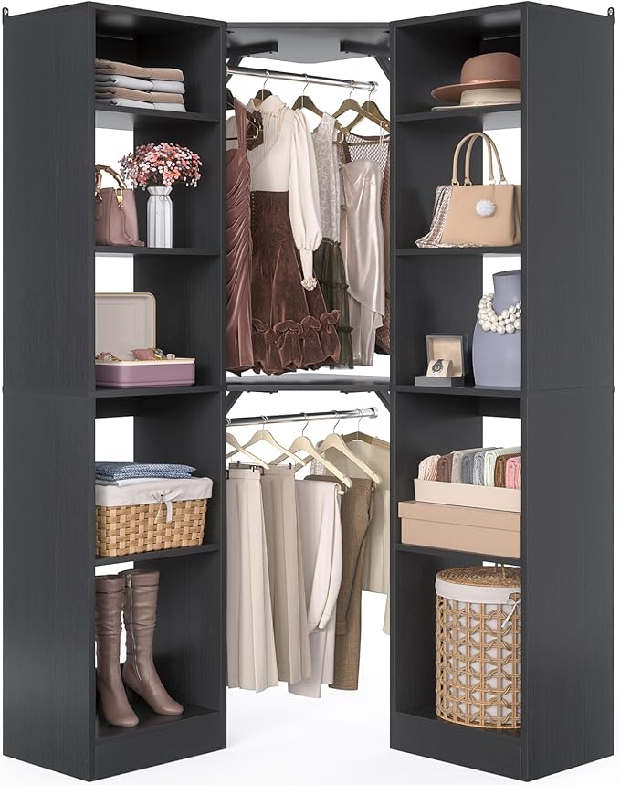 Besiost Corner Closet System with 12 Shelves, 39.2" Corner Organizer | L Shaped Closet with 2 Hanging Rods, Versatile 6-Tier Walk-in Closets for Corner Space, Black (39.2" L x 39.2" W x 80" H)