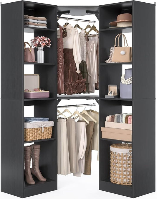 Besiost Corner Closet System with 12 Shelves, 39.2" Corner Organizer | L Shaped Closet with 2 Hanging Rods, Versatile 6-Tier Walk-in Closets for Corner Space, Black (39.2" L x 39.2" W x 80" H)