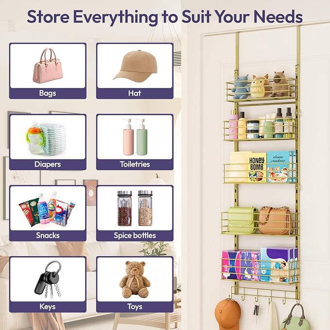 SWTYMIKI Over The Door Organizer - Door Organizer Hanging with 5 Adjustable Metal Large Capacity Basket and 6 Coat Hook, Wall Mounted Shelf for Bedroom Closet Bathroom Laundry Pantry Cabinet Kitchen