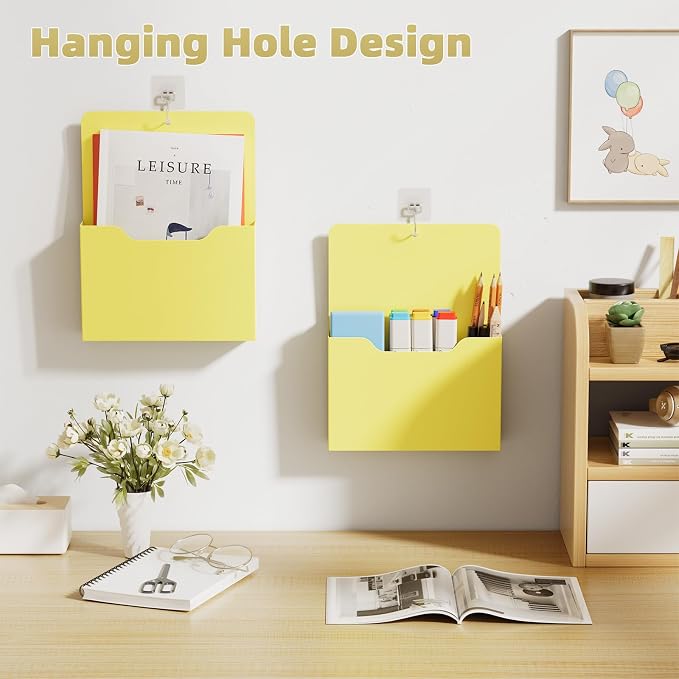 Marbrasse Magnetic File Holder - Magnetic Paper Holder, Pocket Organizer Office Supplies Storage Mail Organizer for Notebooks,Planners,Letter (Yellow