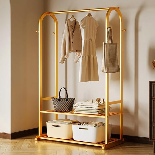 Gold clothing rack with bottom Storage shelves and 6 side hooks,Sturdy metal clothes rack for Hanging Clothes,Modern garment rack Wardrobe Rack for Bedroom or Boutique