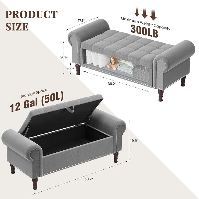 YOUDENOVA Ottoman with Storage, 51" End of Bed Bench with Rolled Arms, Upholstered Storage Bench with Vintage Rivets for Bedroom, Living Room, Entryway, Light Gray