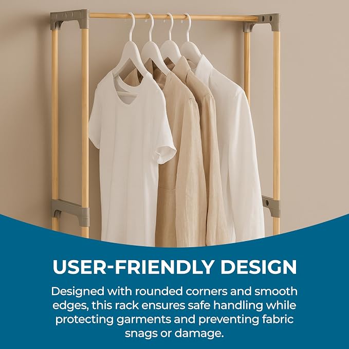 Honey-Can-Do Wood Garment Rack with 2 Shelves, Freestanding, Natural | Natural wood clothing rack with rod + 2 slatted shelves. Tool-free setup for bedroom, entryway & laundry. Holds up to 55 lb.