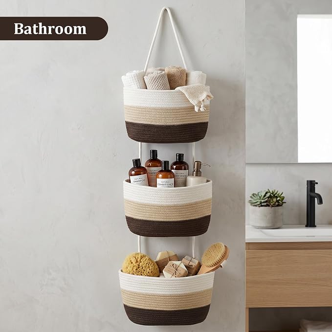 TeoKJ Over the Door Hanging Basket, 3-Tier Woven Cotton Wall-Mounted Storage Organizer Bag Decorative Hanging Nursery Baskets，Gradient Brown