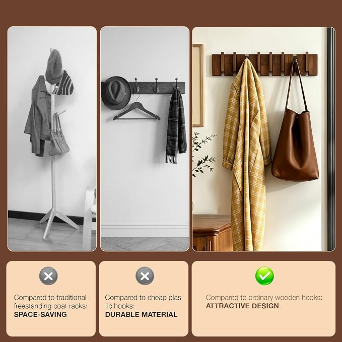 QUELLANCE Wood Coat Rack Wall Mount, Coat Hooks Hanger Wall Mounted, Heavy Duty Wall Coat Rack with 8 Hooks for Hanging Coats/Keys/Hats/Robe&Towels/Plants/Bags, Walnut