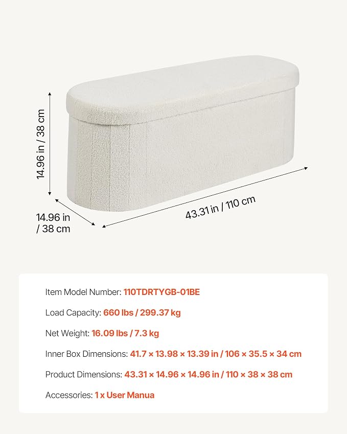 VEVOR Oval Storage Ottoman Bench, Foldable Teddy Fleece End of Bed Bench, Folding Upholstered Bed Ottoman Chest with Large Storage Space, Supports 660 lbs, for Living Room, Bedroom, Entryway, Beige