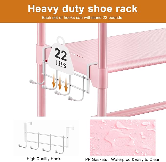 WOWLIVE 9 Tier 2-Column Shoe Rack, 30-35 Pairs Stackable Pink | Compact 33.75in long fits narrow spaces. Removable layers for boots/heels. Split design for flexible layout.