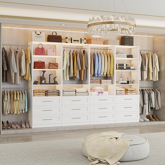 Closet System with 12 Drawers, 96" Wooden Closet Organizer System | 8–21FT Walk-in Storage Modular Closet Systems with 10 Shelves, 6 Expandable Hanging Rods, 4 Sets, Engineered Wood.