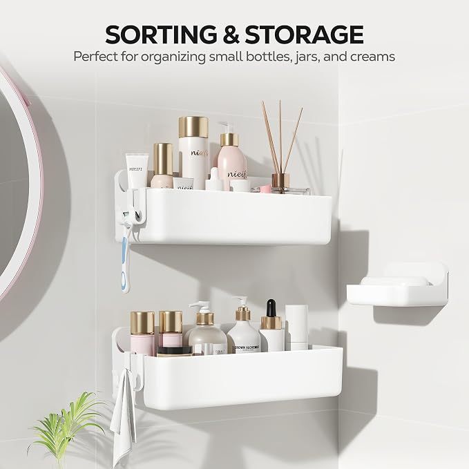 Nieifi Adhesive Shower Shelves, White, 3 Pieces | Rustproof ABS, Large Capacity, Removable Design, Easy-Clean, No Drilling Shower Organizer for Bathroom Storage & Home Decor