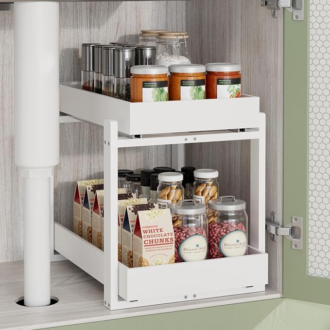 APRTAT 2 Pack Bamboo Under Sink Organizer, 2-Tier Pull Out Storage Drawers | Smooth pull-out drawers keep cleaners and tall bottles visible, organized and easy to reach in kitchen or bathroom cabinets