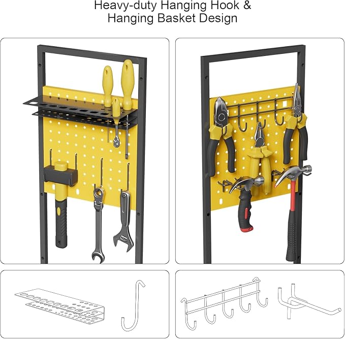 Power Tool Organizer Cart with Charging Station, Heavy Duty Garage Tool Organizer Rolling Tool Battery Storage with 8-Outlet Power Strip, a 4.9-FT Cord,4 Wheels, 2 Hanging Baskets, Hooks,Yellow