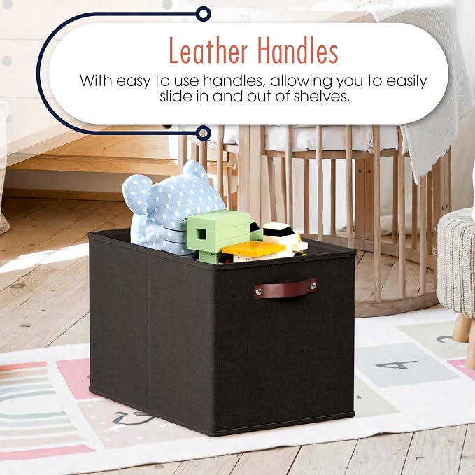 Ornavo Home 13x15x13 Foldable Fabric Storage Cube Bins, 6 Pack, Black | Collapsible Linen Shelf Basket Organizer; Leather Handles; Fits Cube Storage Shelving Units