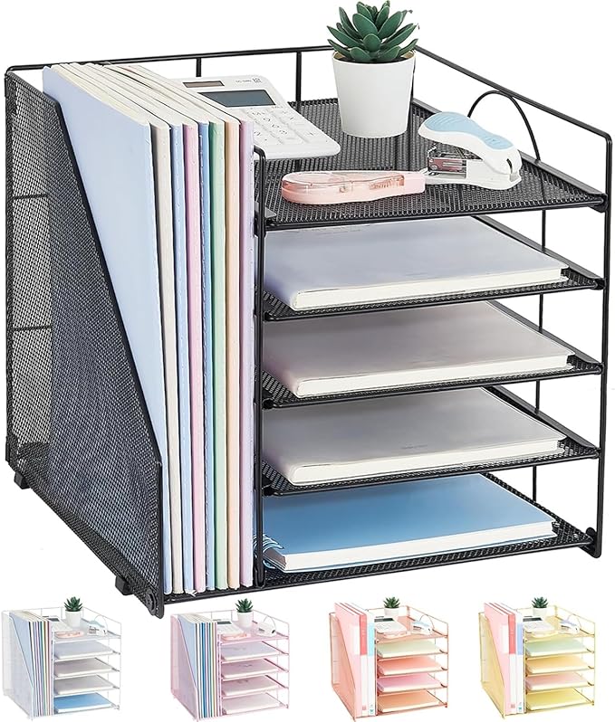 LEKETREE Desk Organizers and Accessories, 5-Tier Paper Letter Tray Organizer with File Holder, Desktop Organizer for Office Supplies (Black)