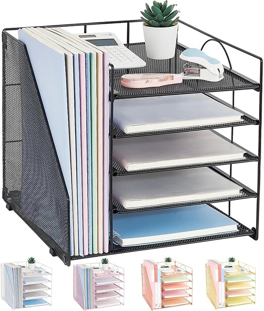 LEKETREE Desk Organizers and Accessories, 5-Tier Paper Letter Tray Organizer with File Holder, Desktop Organizer for Office Supplies (Black)