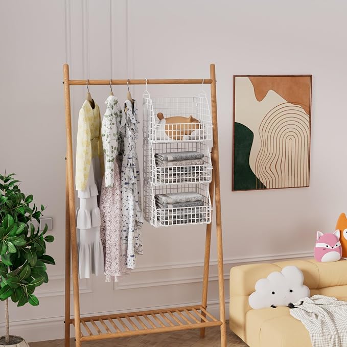 PUPPYCUTE Hanging Closet Organizer and Storage, Clothes Hanging Shelves Wire Baskets for Clothing Sweaters Purse Handbags Shoes White 3 Tier