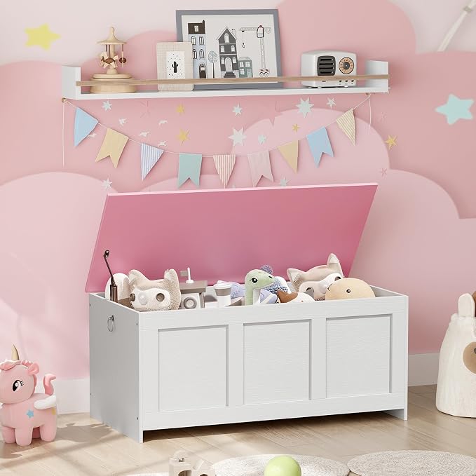 HOOBRO Storage Bench, 39.3" Retro Wooden Storage Chest, Wooden Storage Trunk, Toy Chest with Lift Top, Multifunctional Entryway Organizer, for Entryway, Living Room, White and Pink WK141CW01