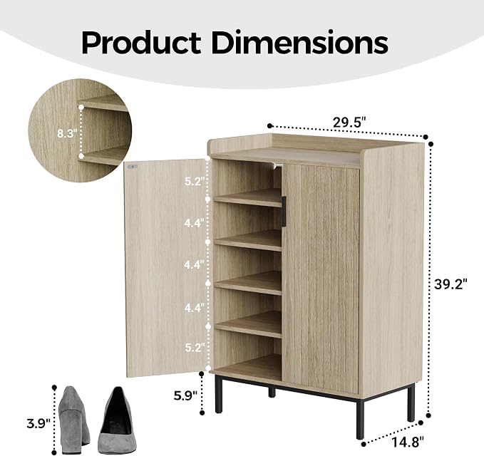 Shoe Cabinet with Metal Legs, Farmhouse Large 5-Tier Shoe Storage Cabinet with Doors, Wooden Shoe Organizer for Entryway, Hallway (2 Door Shoe Cabinet, Oak-Modern)