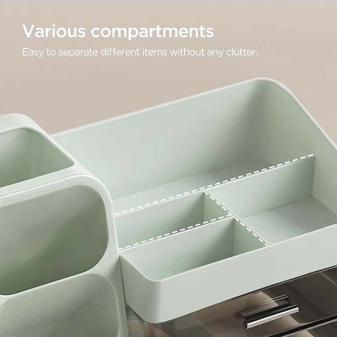 HBlife Makeup Organizer with Brush Holder for Vanity, Large Plastic Bathroom Countertop Organizer Skin Care Storage, Easy to Store Lipsticks, Nail Polishes, Perfumes, Eyeshadow Palettes, Green