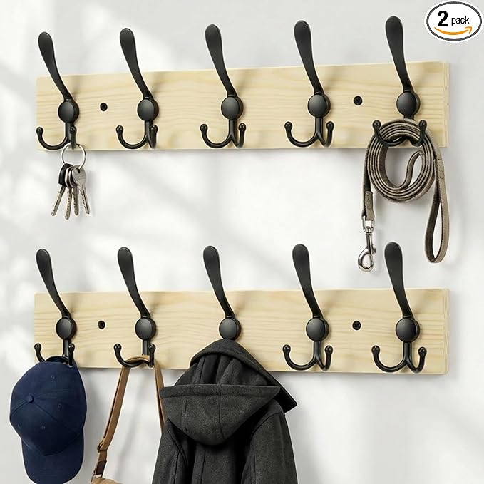 Wooden Coat Rack Wall Mount Heavy Duty, 2 Pack Coat Hanger Wall Mount with 5 Triple Hooks for Clothes, Jacket, Hat, Keys, Space Saving Entryway Organizer for Mudroom (Natural Plate & Black Hooks)