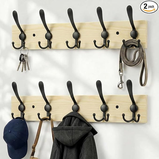 Wooden Coat Rack Wall Mount Heavy Duty, 2 Pack Coat Hanger Wall Mount with 5 Triple Hooks for Clothes, Jacket, Hat, Keys, Space Saving Entryway Organizer for Mudroom (Natural Plate & Black Hooks)