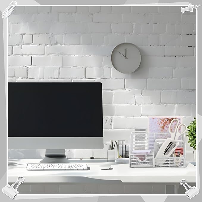 11 in 1 Desk Organizers and Accessories - White Office Supplies - Includes White Stapler, Tape Dispenser, Pen Holder, Staple Remover, Clips, Ruler, Scissors, Tapes, Tabs