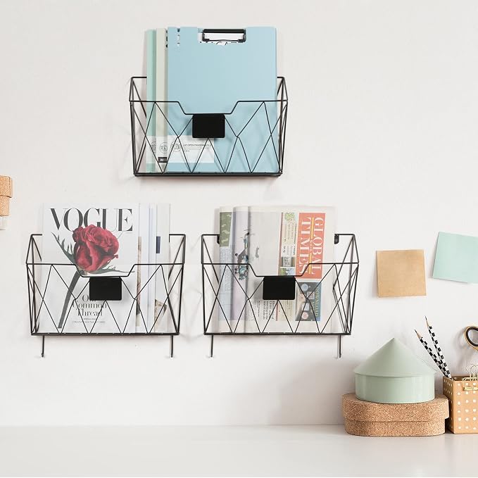 Wall File Organizer, 3 Pack Metal Wall Basket File Holder for Home Office | Vertical Hanging File Organizer, Mail Organizer Wall Mounted Magazine with Label Slot & Hooks, Sorts papers, Mails & Supplies