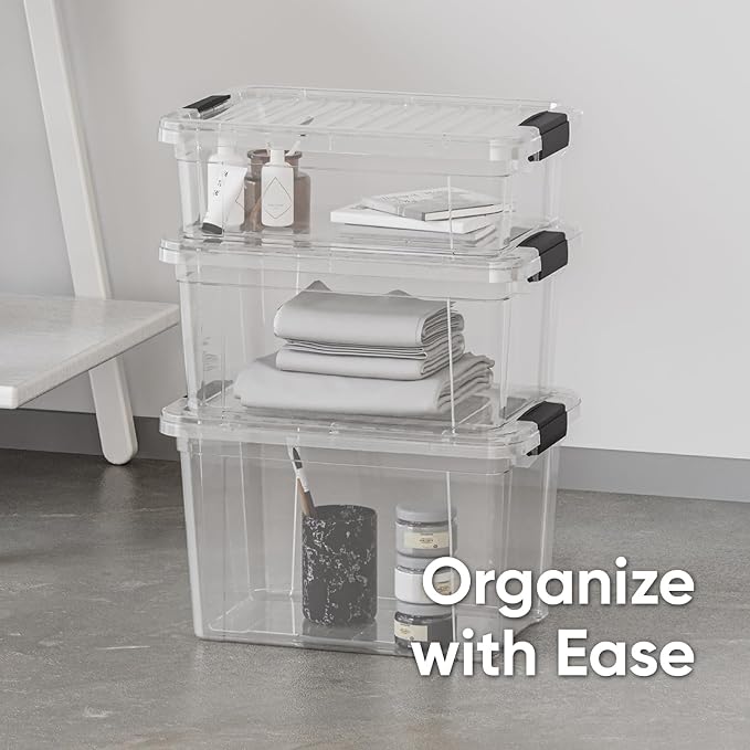 Superio Storage Bins with Lids - 4 Pack, 4.5 Qt Clear Boxes for Organizing, Stackable Plastic Containers - BPA Free, Non-Toxic, Odor Free, Organizer for Home, Office, Dorm