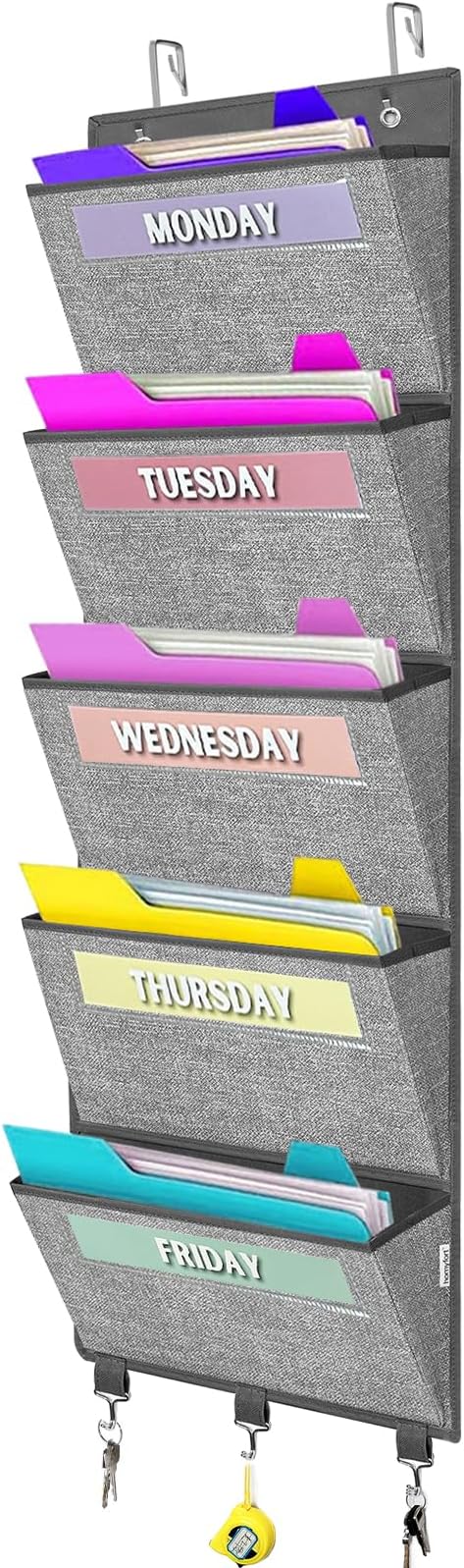 Over the Door hanging File Organizer, Weekly Hanging File Folders, Wall Organizers and Storage for Mail, Magazine, Notebooks, Office, Classroom, 5 Large Pockets, 50.39” Tall, Grey