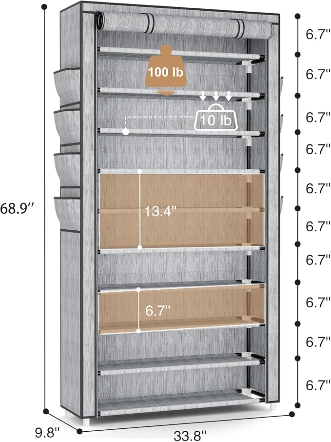 VTRIN Tall Shoe Rack with Cover, 10 Tier Shoe Organizer Storage for 50-55 Pairs Shoes and Boots Large Capacity Shoe Shelf with 8 Pockets Free Standing Shoe Rack for Closet, Entryway, Garage, Printing