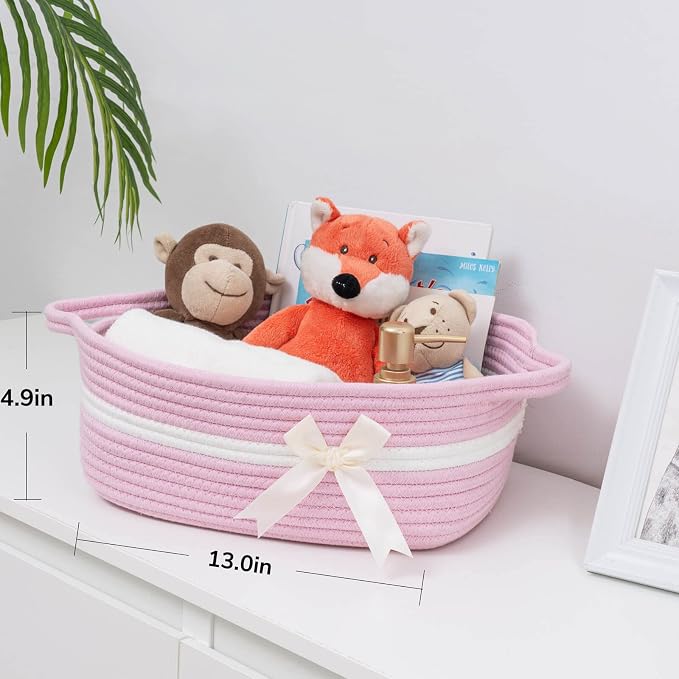 CHICVITA Small Woven Rope Gift Basket for Baby Girls, Pink | 13" x 10" x 5", Rectangle Shelf Basket for Nursery & Bathroom, Toys, Diapers & Towels Organization, Built-In Handles