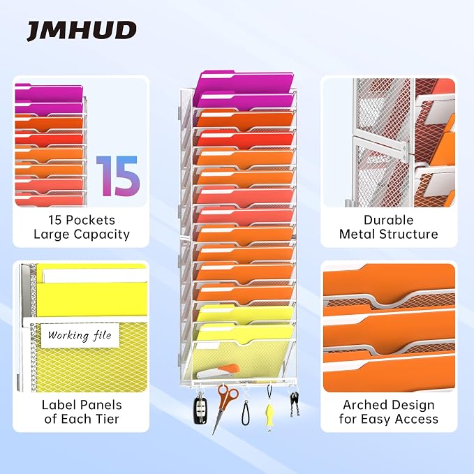 15-Tier Wall File Organizer with Base and Hooks, Hanging Organizer, White | Wall Organizer and Wall File Holder with 15 Vertical Pockets and Bottom Tray for Files, Mail, Folders, Magazines and Paper