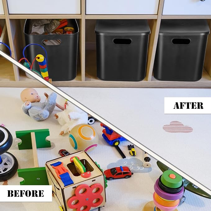 8 Pieces Colorful Storage Bins with Lid, Plastic Storage Basket Organizing Container Stackable Box with Handle for Shelves Desktop Playroom Office(14.2 x 10.2 x 9.5 Inch,Black)