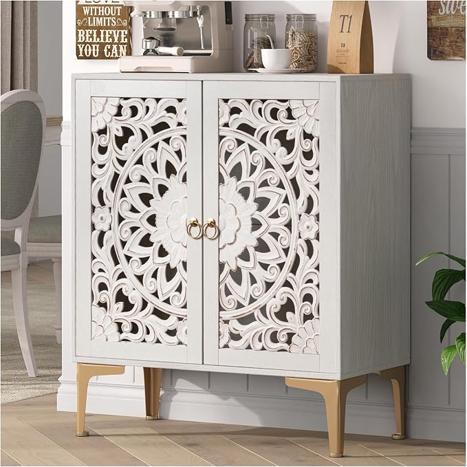 JOINICE 31.5" White Accent Cabinet with Carved Doors & Storage, Gold Legs | Carved Floral Design, Boho/Farmhouse/Rustic Style, Versatile Storage for Living Room & Bedroom & Hallway, Adjustable Shelf