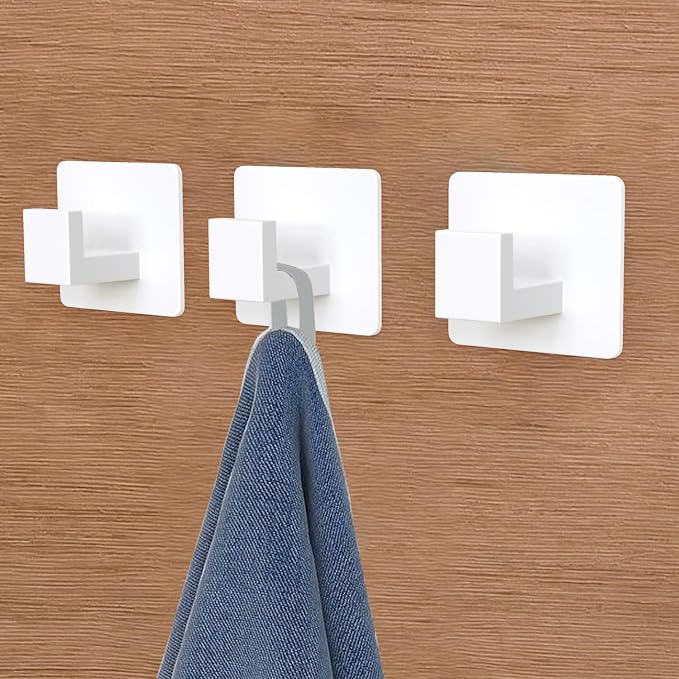 VAEHOLD Wall Towel Hooks, Heavy Duty Sticky Holder Waterproof Towel Hooks for Hanging Coat, Clothes, Closet Hook Wall Mount for Kitchen (White, 4 Pack)