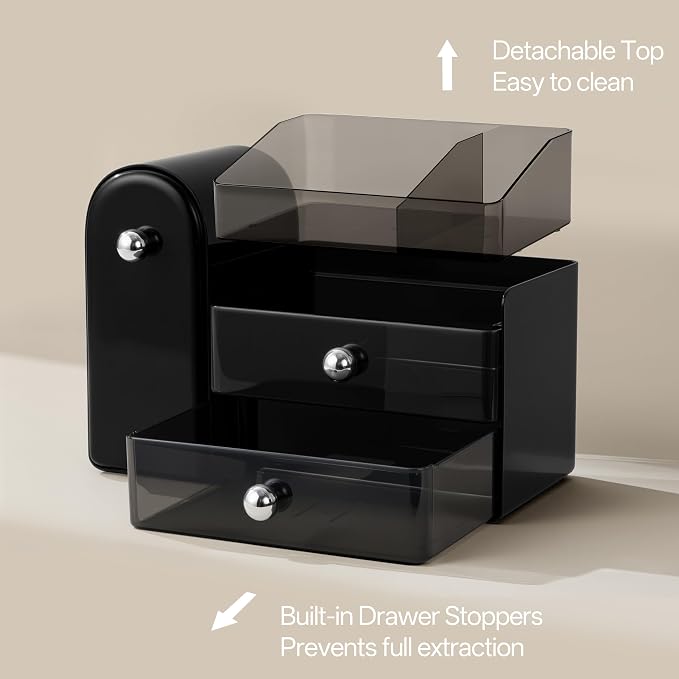 HBlife Makeup Organizer Countertop with Drawers, Vanity Organizers with Brush Holder, Bathroom Counter Organizer for Perfume, Nail Polishes, Lipsticks, Skincare and Eyeshadow Palettes, Black Silver