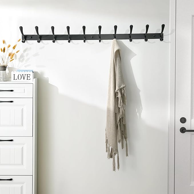 SKOLOO Coat Rack Wall Mounted - 10 Hooks, Pack of 2, Heavy Duty, Stainless Steel, Metal Wall Hanger, Sturdy Coat Hooks for Hanging Coats, Jacket, Clothes, Hat, Black