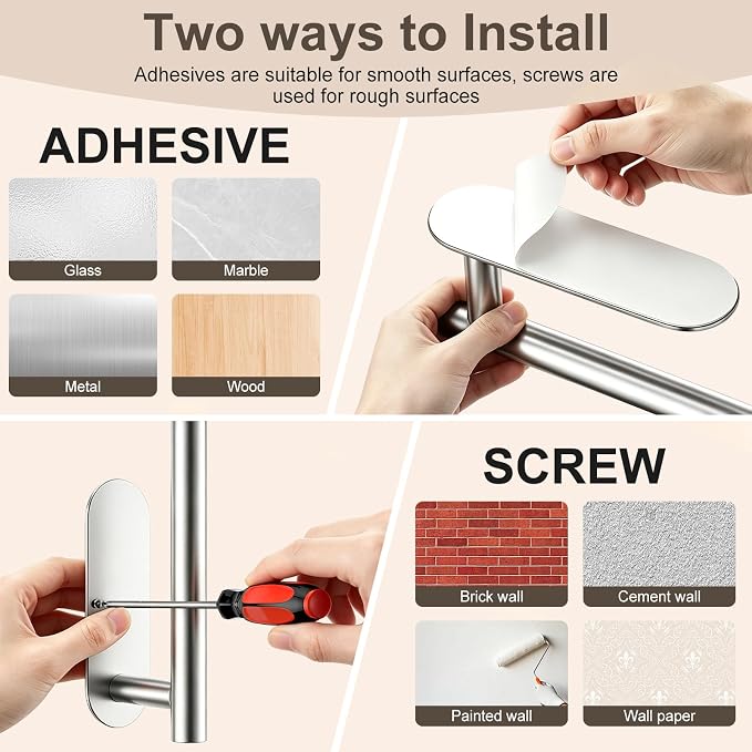 Paper Towel Holder, 2-Pack US304 Stainless Steel Wall Mount Rack, Self-Adhesive No Drilling, Rustproof Space Saving Under Cabinet Mount, Organizer for Kitchen, Bathroom, RV, Pantry (Silver)