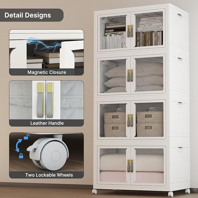 Stackable Storage Bins with Lids, 720QT Extra Large Storage Cabinet | Clear Doors, Foldable Storage Drawers, Heavy Duty, Collapsible Closet Organizers for Bedroom Office (4, White, 180, Quarts)