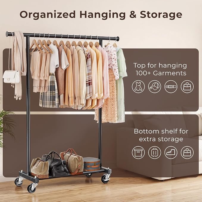 Clothing Rack for Hanging Clothes, 45" Wide Rolling Clothes Rack, Metal Garment Hanger Rack with Wheels, Portable Coat Rack Wardrobe Rack for Bedroom Laundry, Black