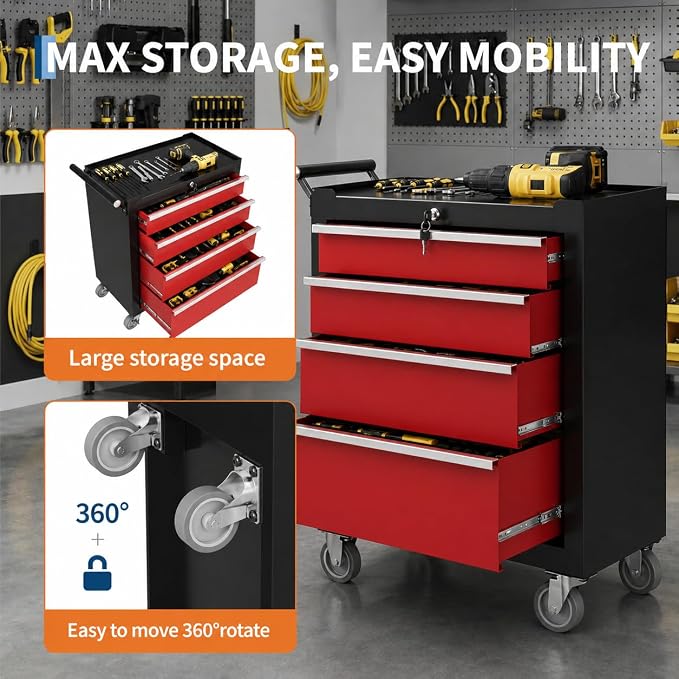 Garvee Rolling Tool Chest, 4 Drawers Tool Storage Cabinet, Toolbox with Wheels, Portable Tool Cabinet Organizer with Locking System & Drawer Liners, Tool Storage Cart for Garage, Workshop, Black＆Red