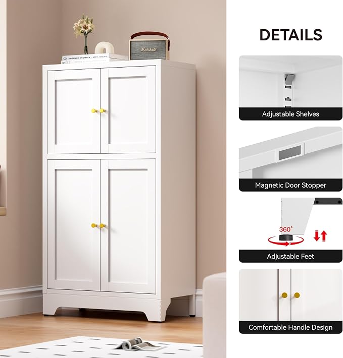 Bevivog Metal Locker Storage Cabinet,Home Accent Cabinets with 4 Doors and 2 Adjustable Shelves, Sideboard Coffee Bar Cabinets Small Pantry for Entryway, Bathroom, Kitchen,Living Room,Hallway