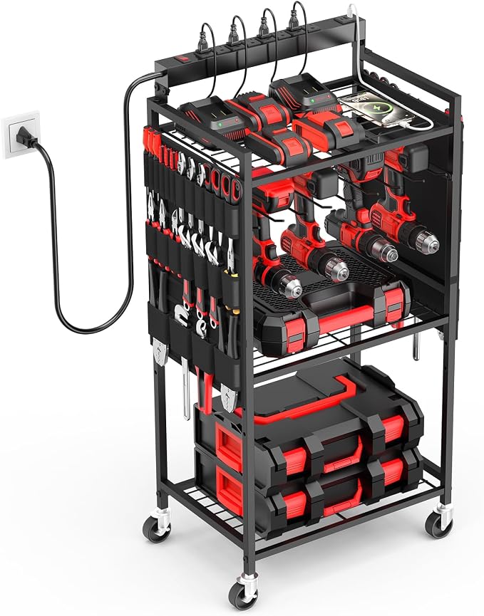 JUNNUJ Power Tool Charging Organizer Cart, 8 Outlet 3 USB, 6 FT Cord, Black | Floor Rolling, Large Tools Storage Cart on Wheels, Heavy Duty Drill Battery Station, Utility Rack Shelf for Garage Workshop