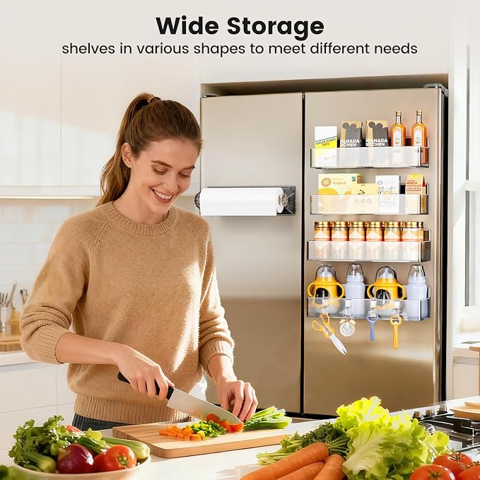Mystozer Magnetic Spice Rack for Refrigerator, 4 Pack Magnetic Shelf and 1Pack Paper Towel Holder,Fridge Organizers and Storage Clear(5 Pack)