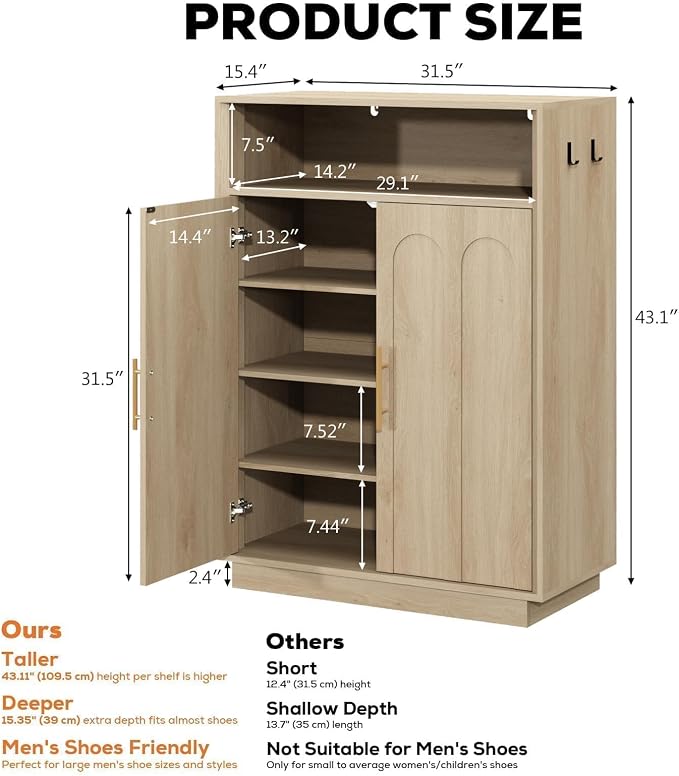 Shoe Cabinet with Arched Doors, 43" Hidden Shoe Storage, Oak | Tall Large, Adjustable Shelves, 5-Tier Mid Century Modern Shoe Rack Organizer, for Entryway Hallway Living Room